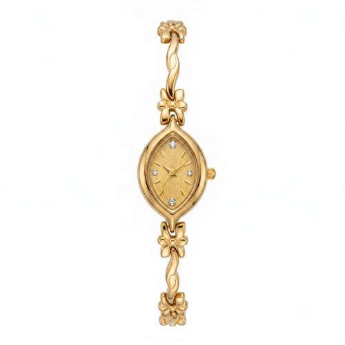 Orologio donna oro Flora placcato oro 18k, modello elegante vintage con cinturino gioiello, orologio femminile rétro firmato Elarie Milano.