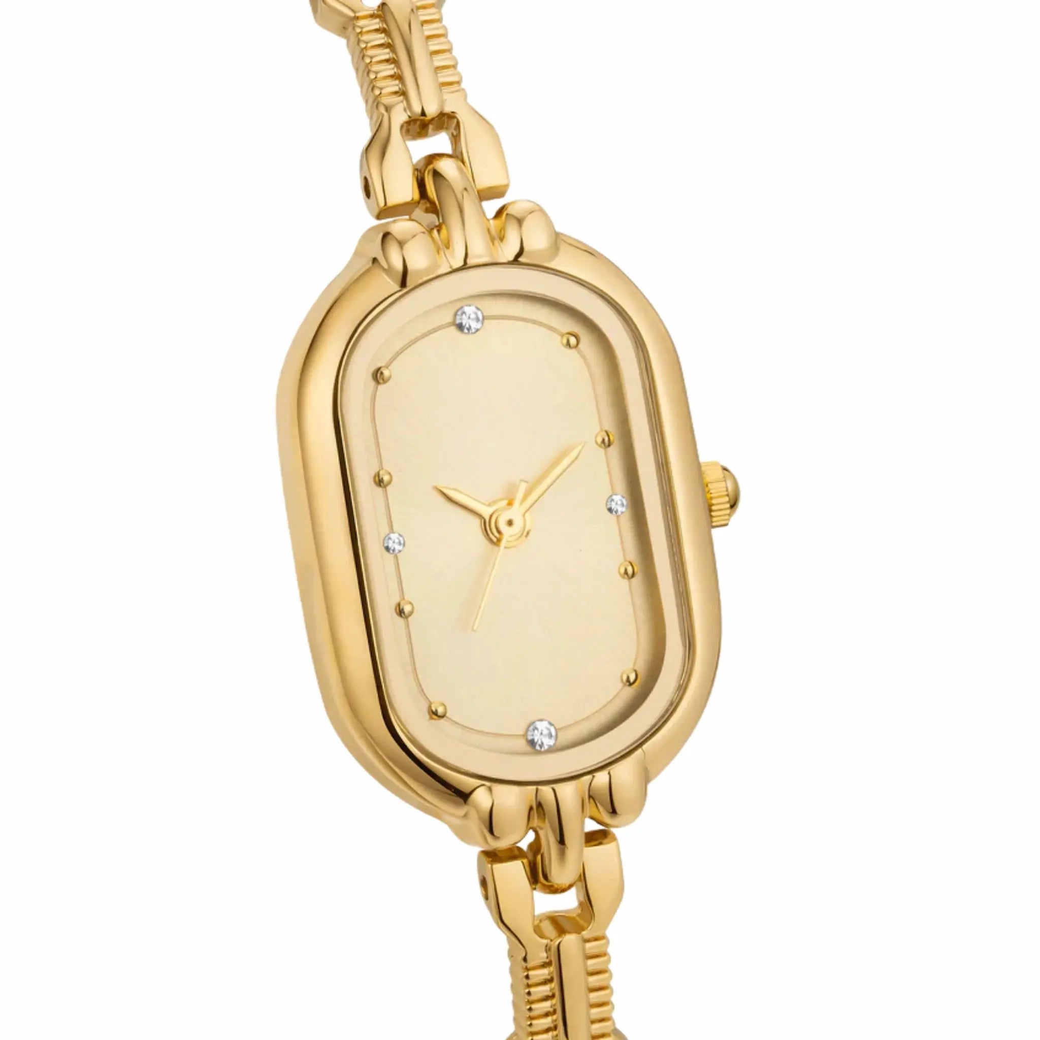 Dettaglio quadrante oro rettangolare con finitura luminosa – Orologio Vittoria Elarie Milano